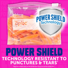 Opened Power Shield food storage bag with sliced vegetables inside