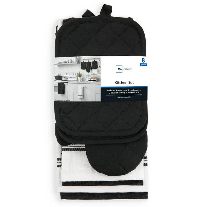 Mainstays 8-Piece Cotton Kitchen Towel, Dishcloth, Oven Mitt, and Pot Holder Set, Black - USA MEGA SHOP
