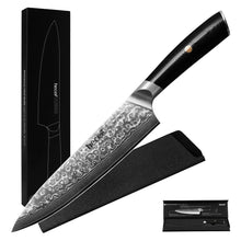 8-inch Damascus chef knife with black resin handle and included black storage box