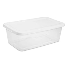 White clear plastic storage bin with snap-on lid, rectangular bin for organizing