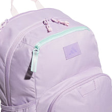 adidas Midway backpack front zipper area with logo patch and hanging pull
