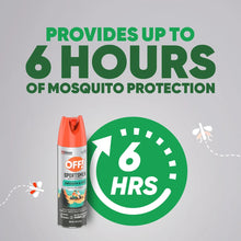 Insect repellent aerosol can with OFF! Sportsmen Smooth & Dry label and 6 hrs icon
