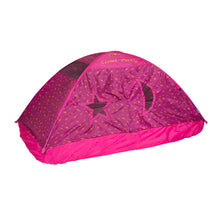 Purple and pink twin bed tent with “Secret Castle” on roof, star and moon graphics