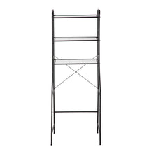 Black over-the-toilet steel storage unit with three shelves and cross-brace base