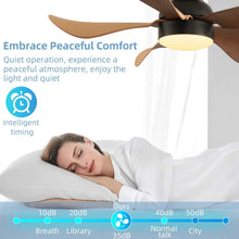 Indoor ceiling fan with light, black housing, five brown blades and lit light globe