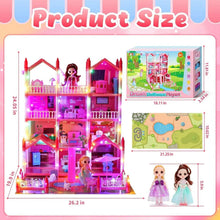 Pink light-up dollhouse playset diagram with furniture and doll figures