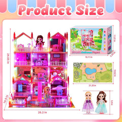 JoyStone Play Dollhouse with Doll Toy Figures, 14 Rooms Furniture and Colorful Lights, Creative Doll House Gift for Girls Ages 3+, Assemble Required, Pink - USA MEGA SHOP