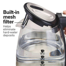 Glass electric kettle with lid open, showing built-in mesh filter