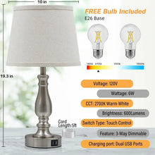 Table lamp with white linen shade, brushed metal base, dual USB, 3-way dimmable touch