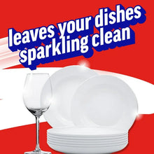 Dishwashing cleaner promo graphic showing clean white plates and sparkling dishes text