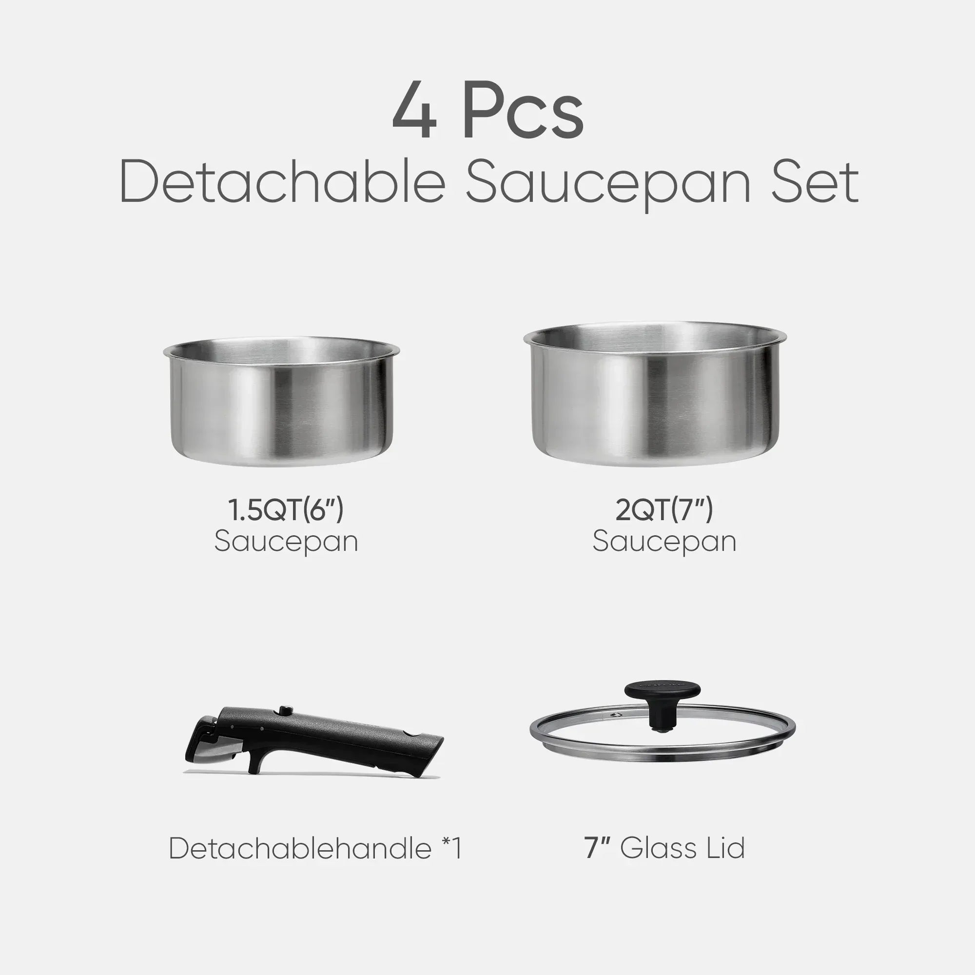 Carote 4 Pcs Stainless Steel Saucepan Set, Saucepans with Detachable Handle, Oven Safe, Induction Ready, Stackable Cookware, Kitchen Cooking Set