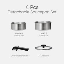 Detachable stainless steel saucepan set with black handles and glass lids
