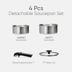 Carote 4 Pcs Stainless Steel Saucepan Set, Saucepans with Detachable Handle, Oven Safe, Induction Ready, Stackable Cookware, Kitchen Cooking Set