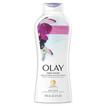 Olay Fresh Outlast body wash bottle with purple orchid and berry artwork
