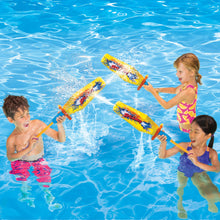Yellow water blaster toy being used by children in a swimming pool