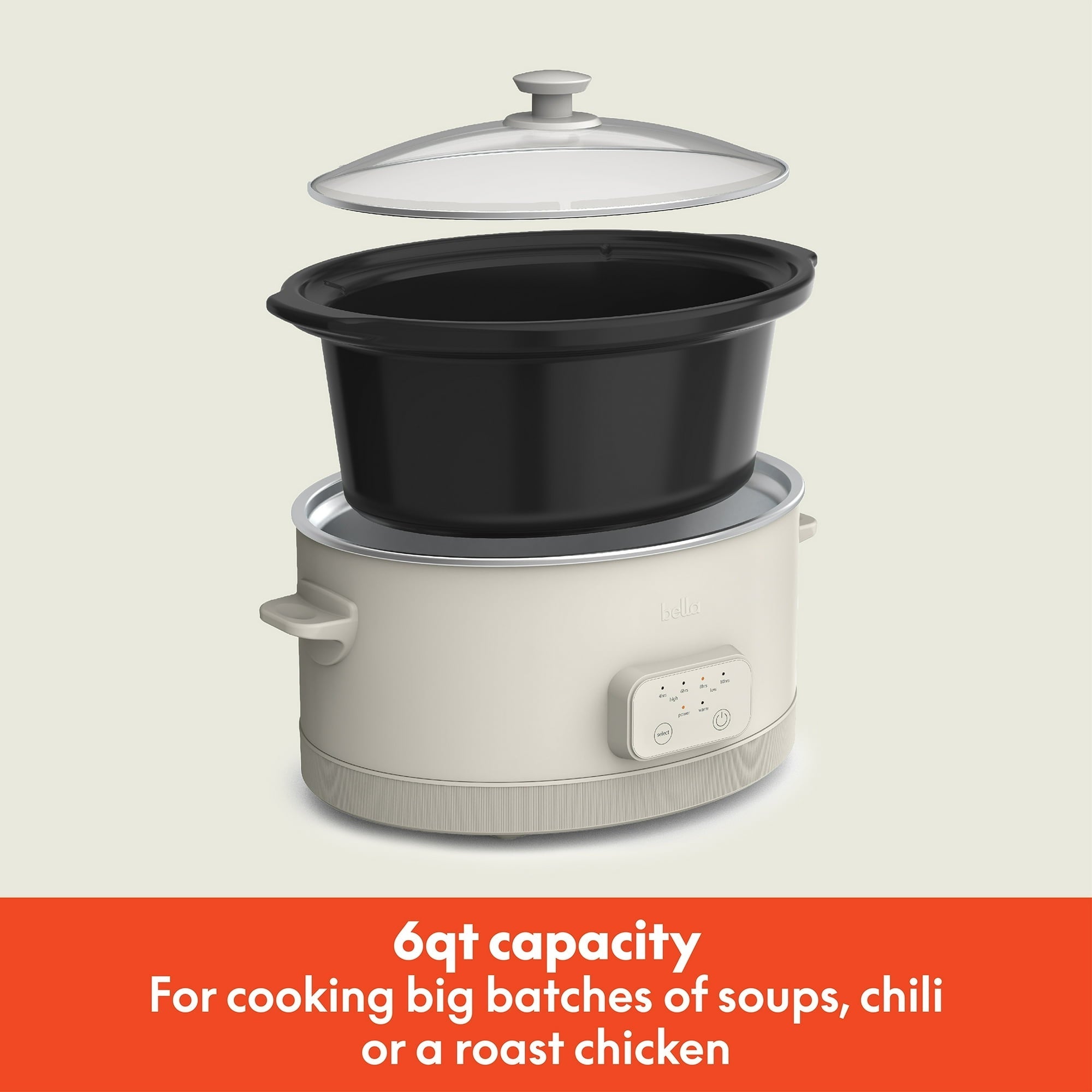 bella 6 Qt Digital Programmable Slow Cooker with Ceramic Nonstick Coating, Adjustable Temperature & Cooking Time, Dishwasher Safe Pot & Tempered Glass Lid, Oatmilk