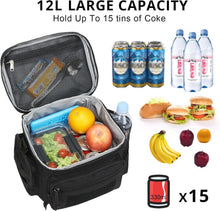 Black lunch cooler bag with mesh-lined open top and zip compartment for food and drinks.