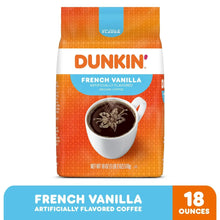 Dunkin French Vanilla ground coffee bag with cup graphic and 18 ounces