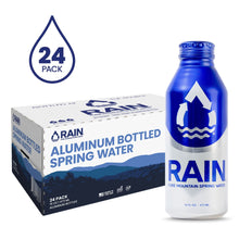 RAIN spring water 24-pack case beside a blue aluminum bottle