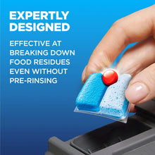 Dishwasher detergent pods promo, hand placing blue pod into dishwasher basket