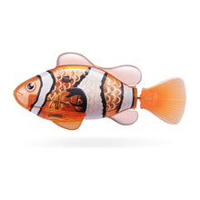 Orange robotic swimming fish with striped pattern and translucent fins