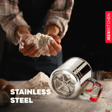 Stainless steel sifter pouring flour powder through mesh