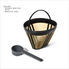 Reusable gold-tone filter basket and measuring scoop accessory for coffee maker