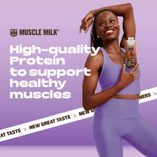 Muscle Milk bottle held by model, high-quality protein to support healthy muscles