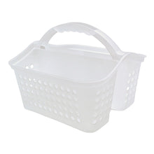 Small frosted plastic shower caddy with handle, vented sides, white