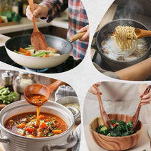 Wooden cooking spoons and spatulas stirring food in pans and a pot