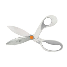 Fiskars PowerCut shears with white handles, orange pivot, twin blades for cutting