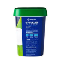 Dishwasher pacs container with blue label panel and green lid, directions text visible.