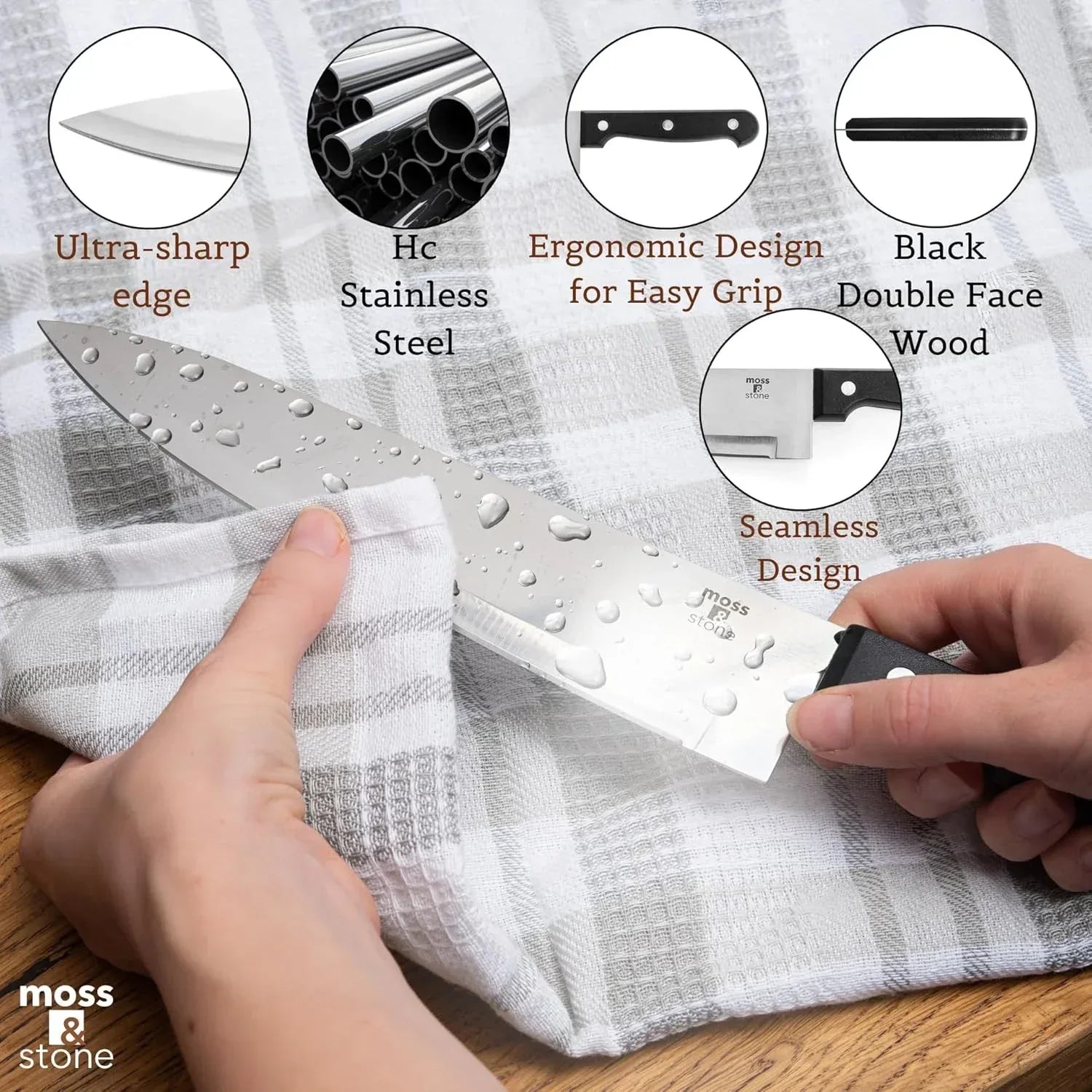 Moss & Stone Professional Kitchen Knife Chef Set, Small Knife Set With Block, Black Titanium Plated Kitchen Knife Set, Stainless Steel Scratch Resistant & Rust Proof Sharp Kitchen Knives. - USA MEGA SHOP