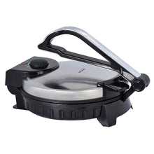 Electric tortilla press with stainless steel lid, black temperature knob, and carrying handle