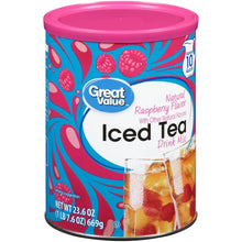 Raspberry flavor iced tea drink mix canister with pink lid and blue label
