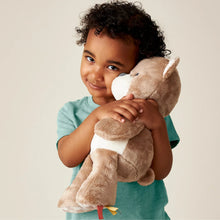 Plush bear held by child, brown body with white muzzle and checkered paw pads