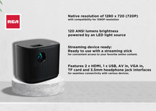 RCA home theater projector, black cube design with front lens and top controls