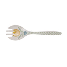 Melamine salad fork with floral handle and leaf pattern, white with yellow accents.