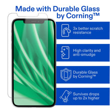 Glass screen protector on phone front, clear tempered-glass shield with edge cutouts
