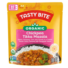 Organic chickpea tikka masala pouch with curry and rice graphic, 10 oz