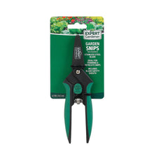 Garden snipping shears on retail package card with green-and-black handles and hanging tag