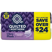Quilted Northern Ultra Plush quilted toilet paper package, purple and yellow label.