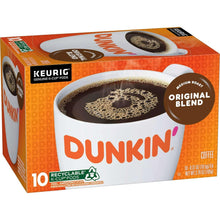 Dunkin Original Blend medium roast coffee pod box, 10-count “Recyclable” K-cup front
