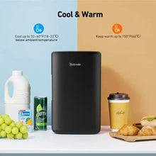 Black compact mini fridge with single door and AstroAI logo
