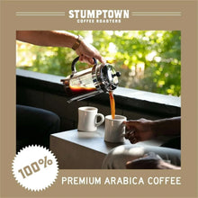 Stumptown Coffee whole bean bag with cups and pour from kettle
