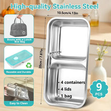 9-piece stainless steel snack containers with teal lids and gray lunch bag