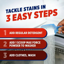 Laundry stain remover powder instructions graphic with detergent and washer water spray