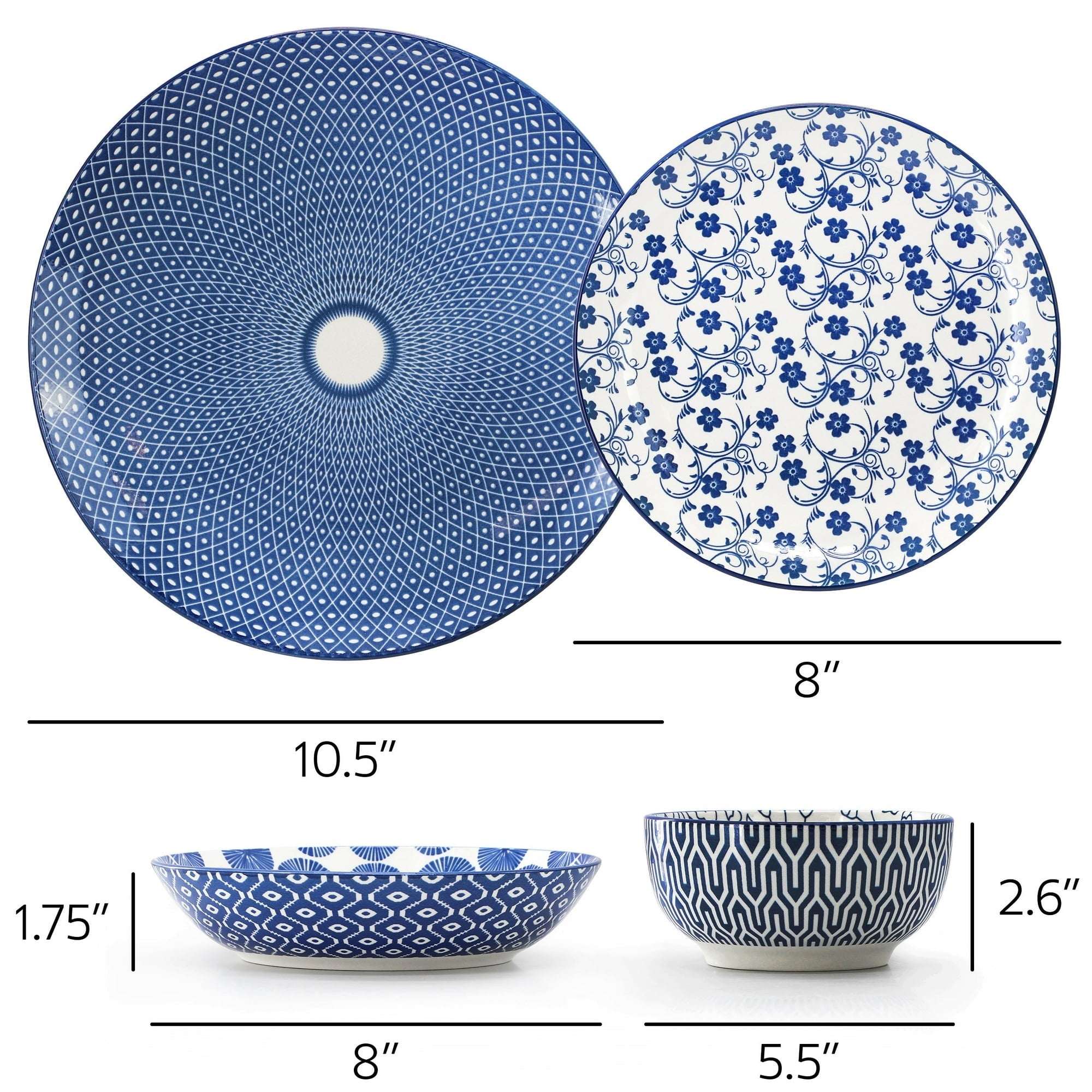 Elama Aurora 16 Piece Assorted Porcelain Double Bowl Dinnerware Set in Blue