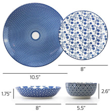 Blue porcelain dinnerware bowls with size markings: 10.5 in and 8 in