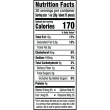 Nutrition Facts label for whole cashews, showing calories and serving information